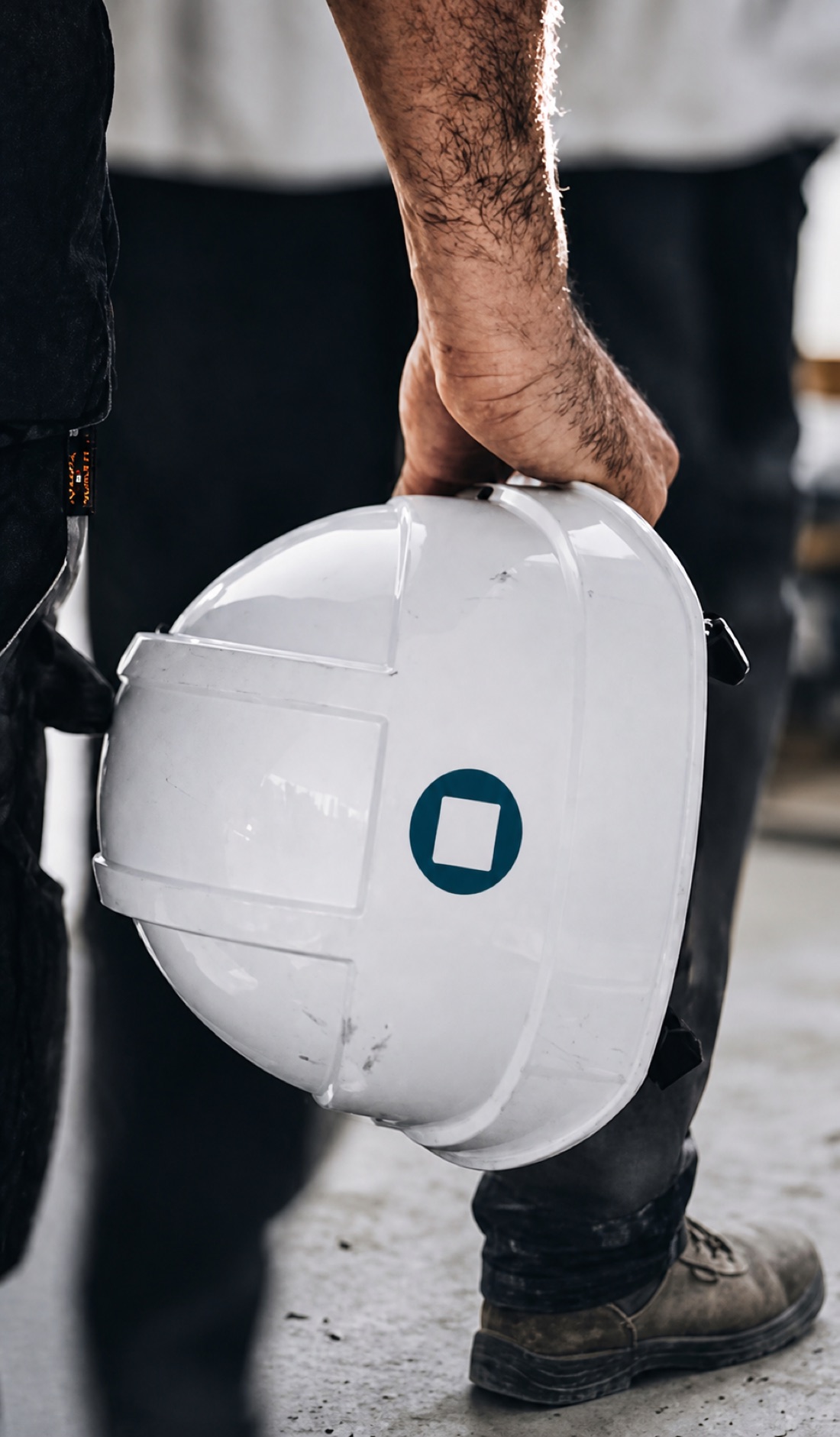 An ORT Énergie hard hat carried by a team member on site